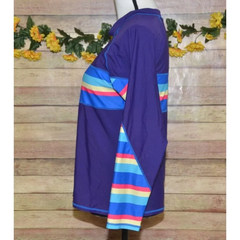 Women’s Long Sleeve Rash Guard Bikini Set in Purple with Multi-Color Stripes